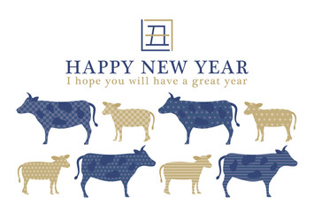 2021年丑年　牛シルエットの年賀状テンプレート（藍色）
