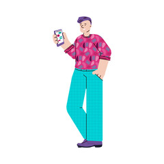 Young man cartoon character holding smartphone in hand, flat vector illustration isolated on white background. Mobile communication and social network.