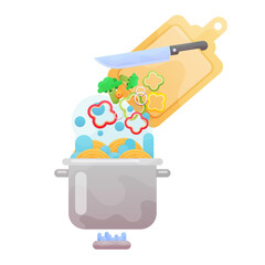 vegetables fall into a pot of boiling water standing on fire