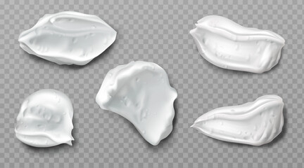 Foam cream swatches isolated on transparent background. Vector realistic smears set of white froth cosmetics, shaving gel or creme. Smudges of mousse, beauty product for face or body care