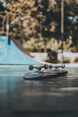 inverted skateboard lies in the park on the floor