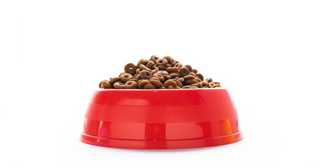 plastic bowl full with dry dog food isolated on white background. Top view grain pet food with copy space of text design. Above or Top view. food texture banner..