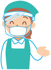 マスクとフェイスシールドを付けた店員