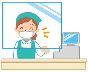 マスクを付けた店員と透明ビニールシート