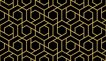 The geometric pattern with lines. Seamless vector background. Black and gold texture. Graphic modern pattern. Simple lattice graphic design