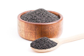 Poppy seeds in a wooden cup and in a wooden spoon on a white background