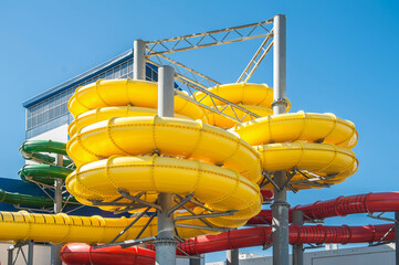 multi-colored slides of an outdoor water park