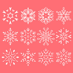 Fototapeta na wymiar Snowflakes icon collection. Graphic modern white and pink ornament