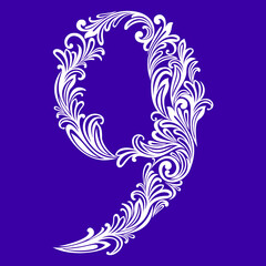 Calligraphic Font. Number nine. Vector Design Background. Swirl Style Illustration.