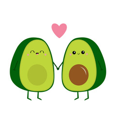 Avocado family. Mother, father holding hands. Pink heart. Cute cartoon kawaii funny character set. Love greeting card. Happy Valentines day. Healthy food. Flat design. White background.