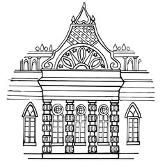 Fototapeta premium Architecture Of Russia. Moscow neo-Gothic. Tsaritsyno Palace and Park ensemble. Vector drawing in sketch style isolated on a white background. For art history books, coloring pages for children.Hand d