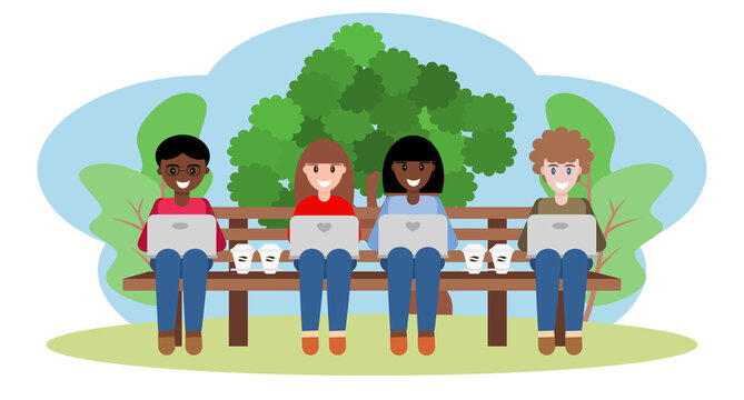 Flat style vector of four people in a friendship sitting and working with laptops on the bench in the park and their coffee cups. Illustration cartoon for black lives matter. Working or study together