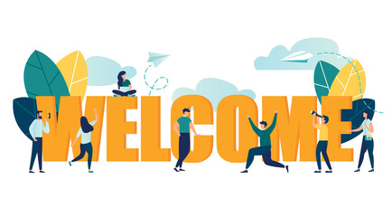 Vector illustration, meeting, greeting concept, characters standing near the word greetings and giving greetings signs