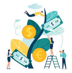 Vector illustration, a growing tree with coins and money, caring for a tree watering coins, growing and making money, profit, the concept of financial management, a symbol of successful business