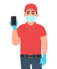 Courier or delivery person in mask and gloves showing phone. Man holding smartphone. Male character displaying cell, mobile phone. Corona virus epidemic outbreak. Safety online shopping service.