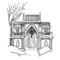 Architecture Of Russia. Moscow neo-Gothic. Tsaritsyno Palace and Park ensemble. Vector drawing in sketch style isolated on a white background. For art history books, coloring pages for children.Hand d