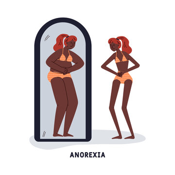 Anorexia mental disorder or psychological frustration symbol with thin woman looking at mirror and seeing fat woman, vector illustration isolated on white background.