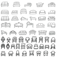 A set of modern and antique sofas, couches, and armchairs is made in the style of a sketch. Doodles isolated on a white background. Vector drawn collection of furniture