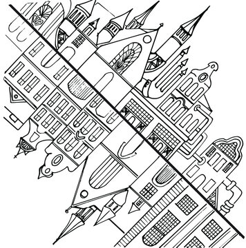 Coloring pages for children and adults. Two cities. Old European town and city in the steampunk style. Color-reflection. Two realities. A real medieval and fantastic city.