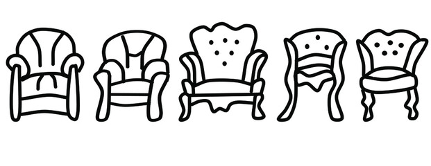 A set of antique armchairs is made in the style of a sketch. Doodles isolated on a white background. Vector collection of antique furniture