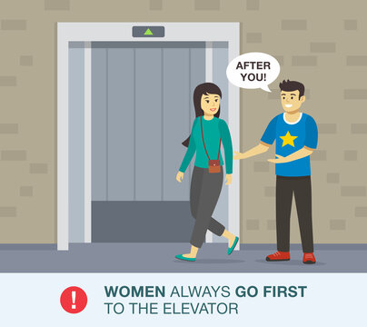 Young man skips a woman forward to the elevator. Elevator etiquette. Flat vector illustration.