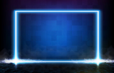 abstract futuristic background of blue neon square frame with smoke and technology floor