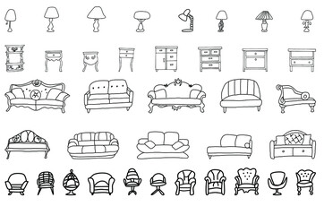 A set of modern and antique chests of drawers, tables, sofas, couches, lamps, and armchairs is made in the style of a sketch. Doodles isolated on a white background. Vector drawn collection of furnitu