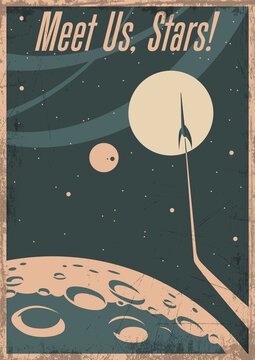 Retro Space Poster, Space Rocket flyis above the Moon. Grunge Texture Pattern, Vintage Colors