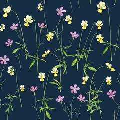 Seamless pattern of watercolor wild flowers of violets and carnations.