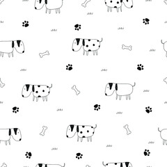 Seamless pattern Dog with bone and footprint Cute cartoon animal background Hand-draw in child style Used for publication, wallpaper, fabric, textile, vector illustration