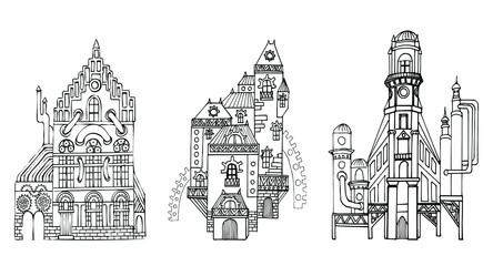 Vector set of houses in the style of steampunk. Black and white sketch. Hand-drawn. Isolated on a white background. Coloring book for children and adults.
