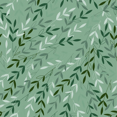 Vector branches with leaves in the wind. Dark green and white, perfect for christmas wrapping paper, wallpaper, textile design, stationery. Seamless pattern