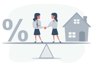 Business partners shaking hands as a symbol of unity. Business people standing on seesaw between house and percent sign. woman buys a house. Vector flat design illustration.