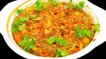 homemade eggplant dish with minced meat, potatoes and tomatoes