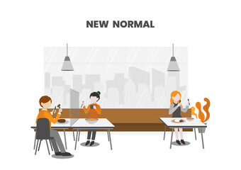New normal, people having foods with suitable seating arrangements and table shields in restaurants or cafes to keep a safe distance (Physical distancing). COVID-19 outbreak prevention. - vector