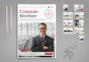 Beige and White Business Brochure Layout with Red and Navy Accents