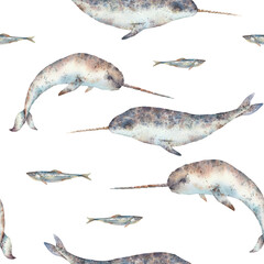 Narwhal seamless pattern. Repeating nautical texture. Unicorn fish wallpaper design