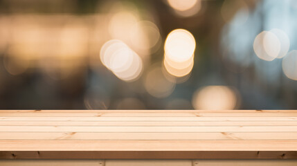 Empty wooden table top with lights bokeh on blur restaurant background