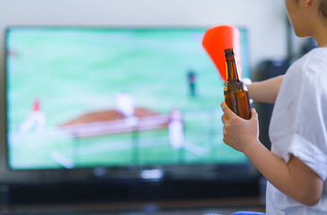 家でスポーツをテレビ観戦する若い女性のイメージ【プロ野球の動画配信サービス】