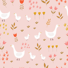 Seamless pattern with geese and flowers on a pink background.Vector illustration. For textiles, Wallpaper, wrapping paper, bed linen