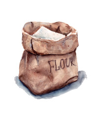 hand-drawn watercolor illustration. white flour in a paper bag. isolated on a white background.