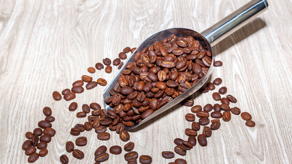 coffee beans in a aluminium scoop