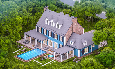 Fototapeta na wymiar 3d rendering of modern cozy classic house in colonial style with garage and pool for sale or rent with beautiful landscaping on background. Clear summer evening with cozy light from window