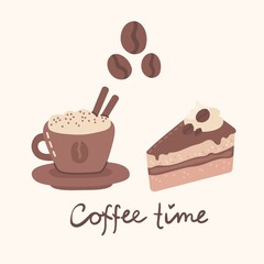 Cup of coffee and the coffee cake in line art style on background. Vector modern illustration in flat design.