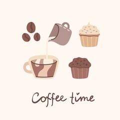 Cup of coffee and the coffee cake in line art style on background. Vector modern illustration in flat design.