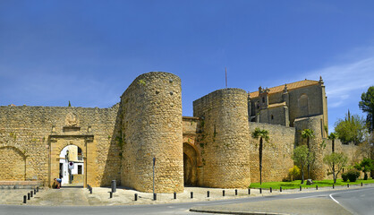 Ronda, Spain. Puerta de Almocabar is one of the most important gates in the city walls. It was...