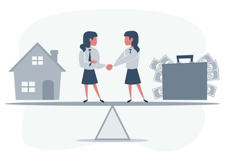 Business partners shaking hands as a symbol of unity. Business people standing on seesaw between house and a suitcase of money. Female work. Woman buys a house. Vector flat design illustration.