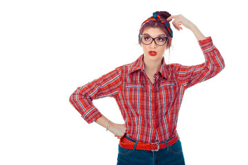 Woman scratching head, thinking deeply about something