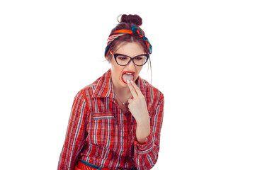 Woman sticking her fingers in her throat showing she is about to throw up,