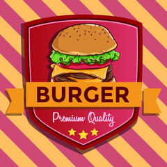 fast food badge or banner with burger illustration and also with text premium quality